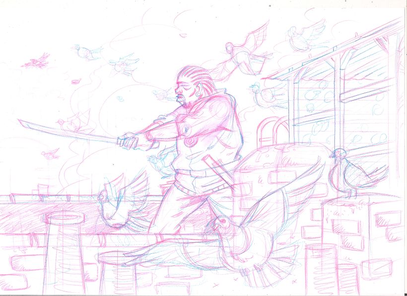 Blue and red pencil sketch
