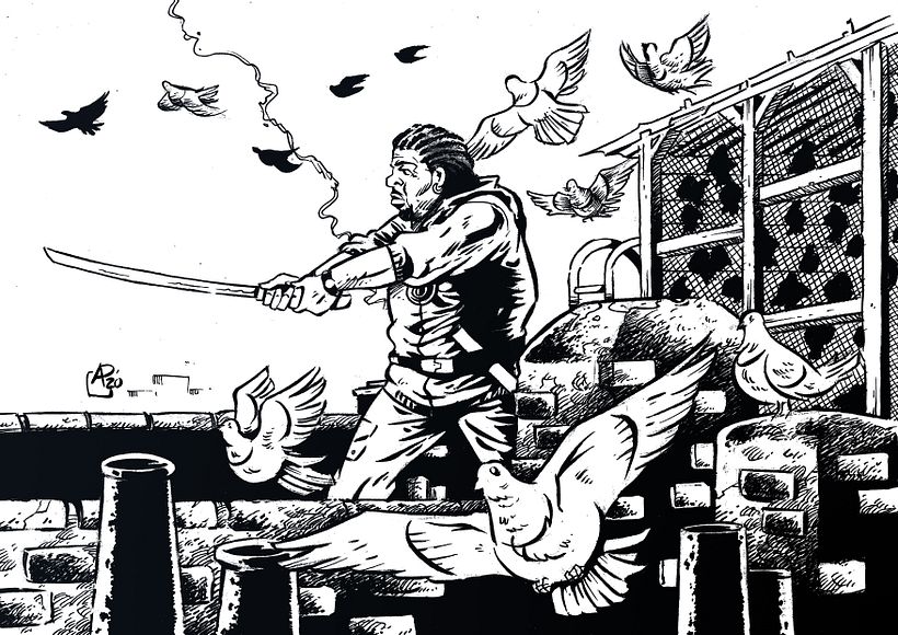Correction to the character's face and body. Subtle gradient on the main black drawing layer (Photoshop)