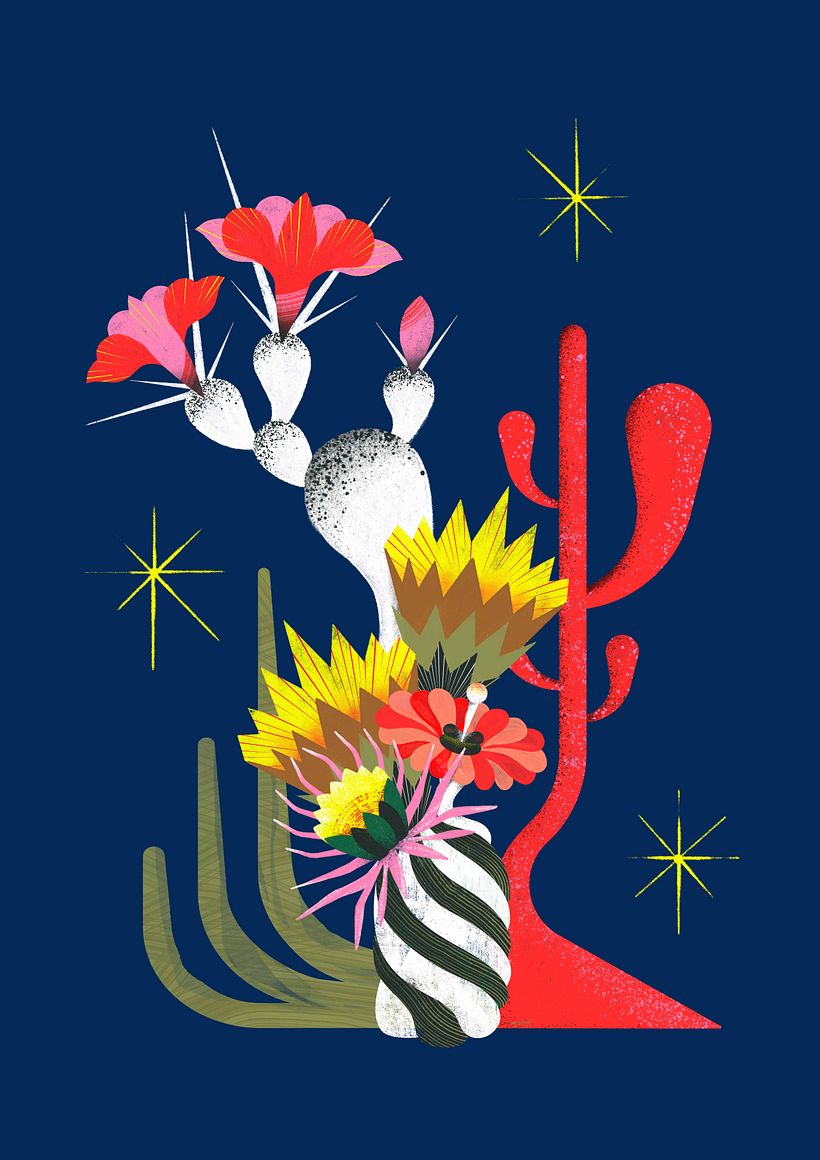 Ilustração principal. Escolhi trabalhar com "cactos", mas escolhi uma paleta de cores mais vibrante e de tons frios.