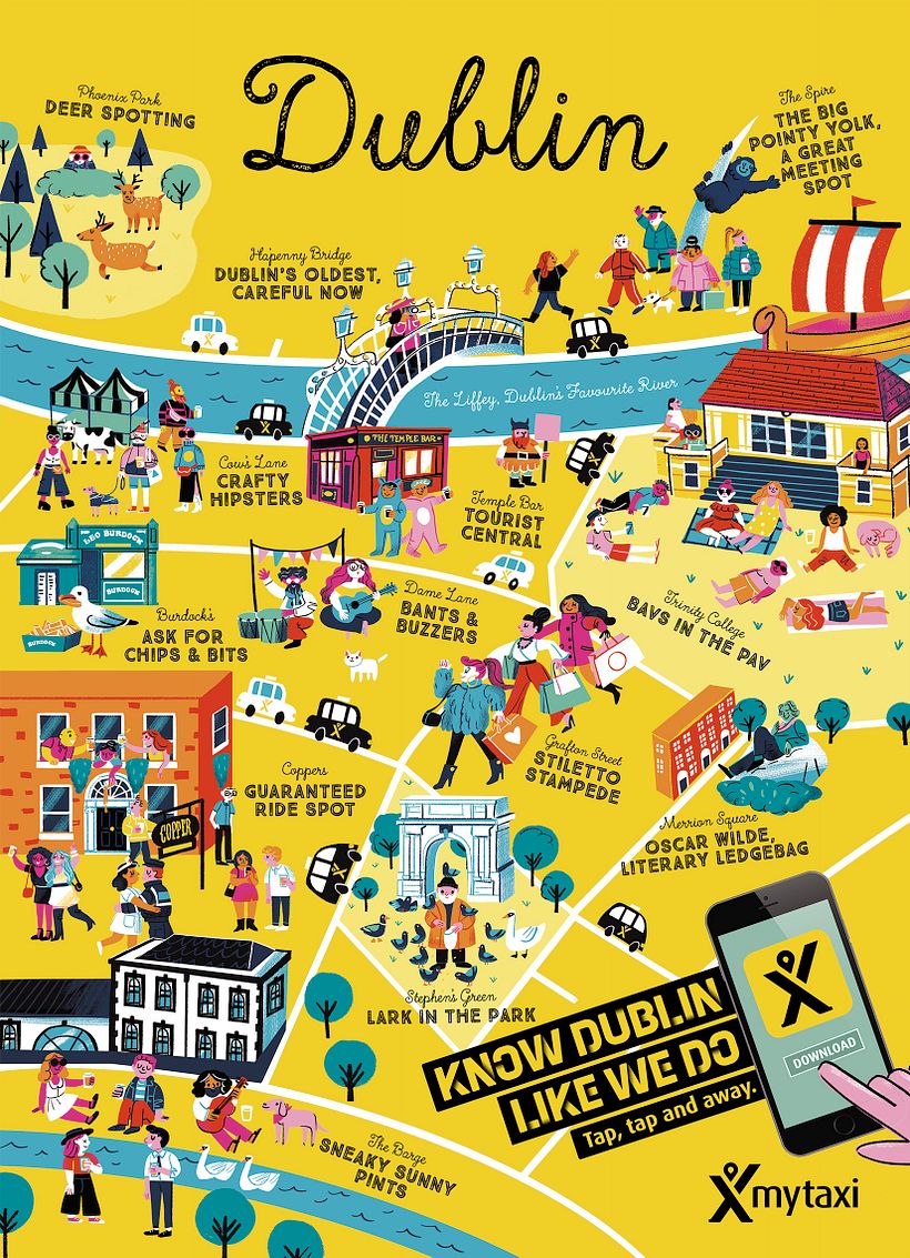 Um mapa bem humorado de Dublin, para MyTaxi. 