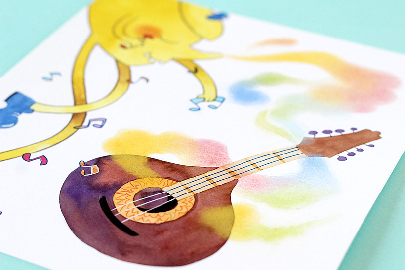 detalhe: efeito do pastel seco (fumacinha) sobre a aquarela do bandolim