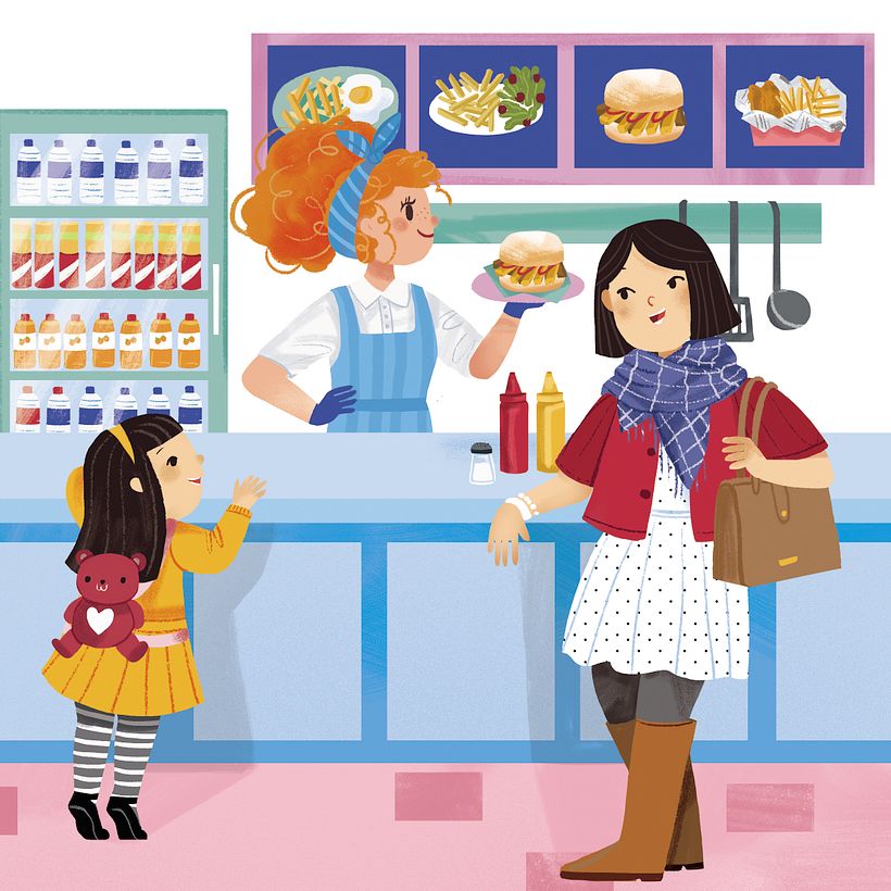 As ilustrações mostram Beth vendendo batatinhas e os diversos clientes!