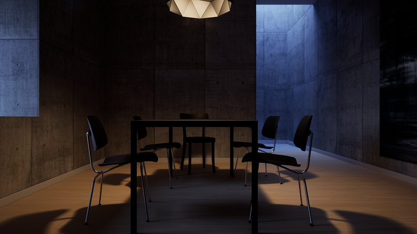 Pasillo minimalista iluminado en azul - 3D