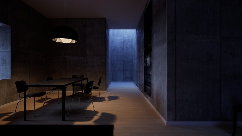 Pasillo minimalista iluminado en azul - 3D