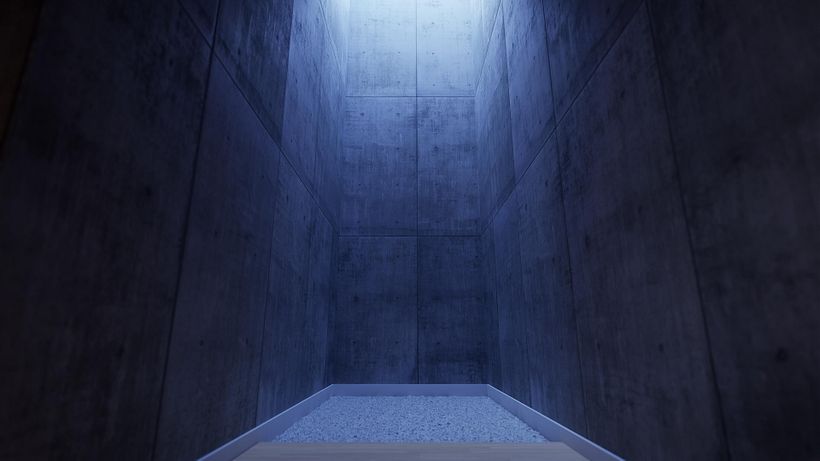 Pasillo minimalista iluminado en azul - 3D