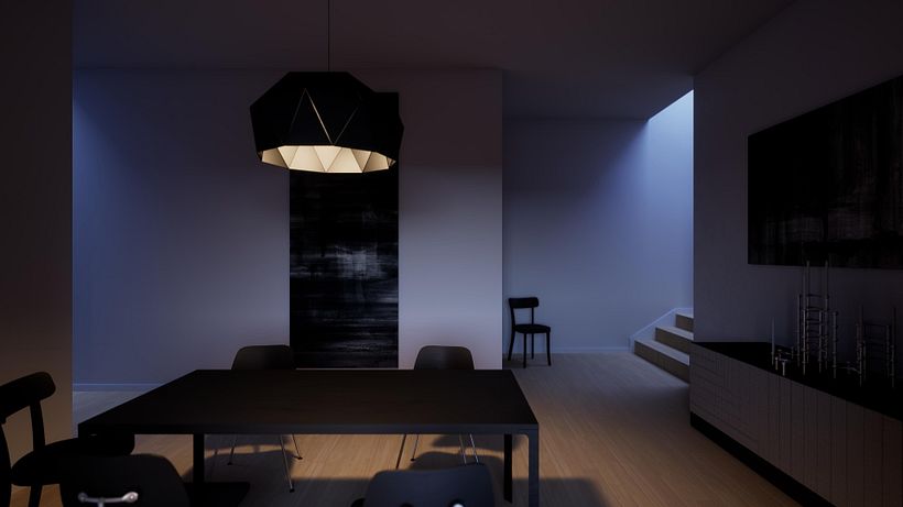 Pasillo minimalista iluminado en azul - 3D