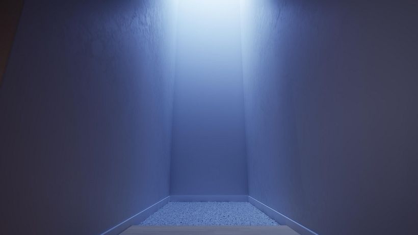 Pasillo minimalista iluminado en azul - 3D