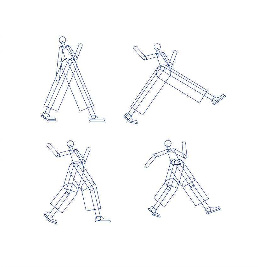 Empecé dibujando formas sencillas en Illustrator para crear mi marioneta. Probé varias poses de un personaje caminando.