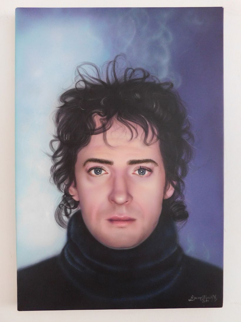 Retrato de Gustavo Cerati. Aerografía sobre lámina de metal