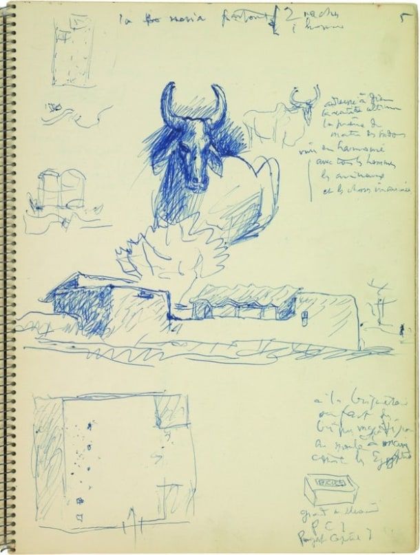 Le Corbusier, boceto de toros y casas campesinas cerca de Chandigarh, 1951; Fondation Le Corbusier, París