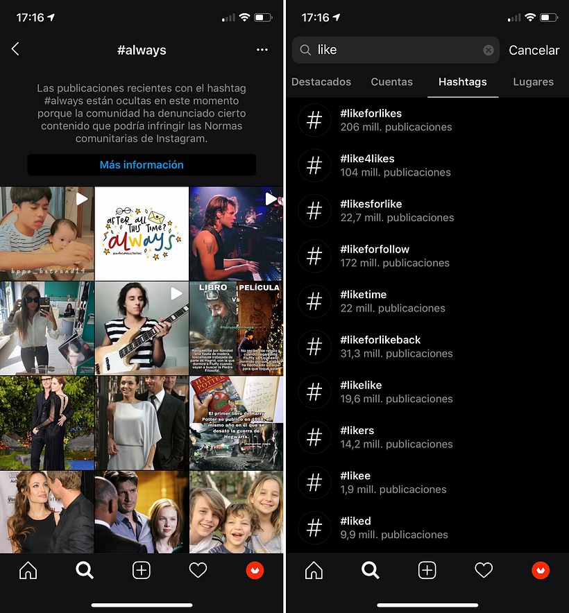 Hashtags prohibidos permanente y temporalmente en Instagram