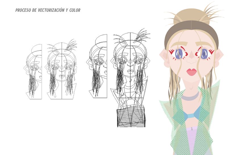 Luego tracé el contorno sobre el boceto separando todo en capas y, después usé colores planos basado en la paleta de colores.