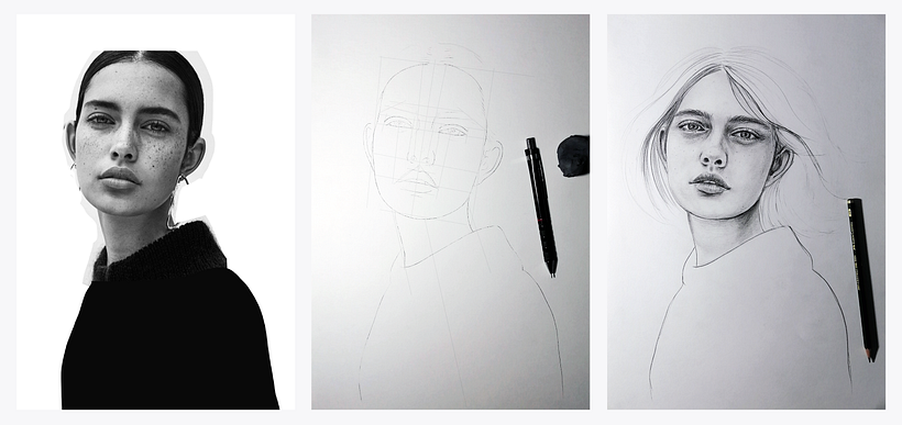 Here I share the modified reference, the pencil layout, and the first steps of drawing with graphite...