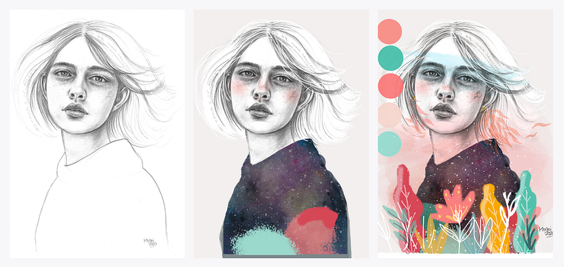 Once scanned, I did all the color details in Photoshop. It was really fun to be able to combine the brushes...