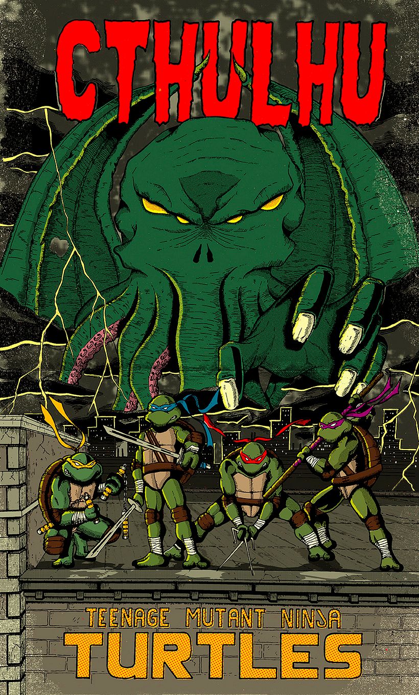El epico enfrentamiento entre la divertidas pero rudas tortugas ninja y el dios primigenio, el gran Cthulhu