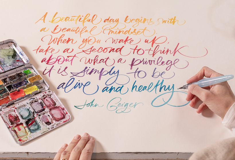 Bego Viñuela. Calligraphy with rechargeable brush pen and watercolors