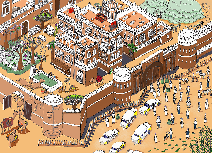 Inspired by Sanaa, Yemen's capital. Drawn on paper, coloured with Autodesk Sketchbook.