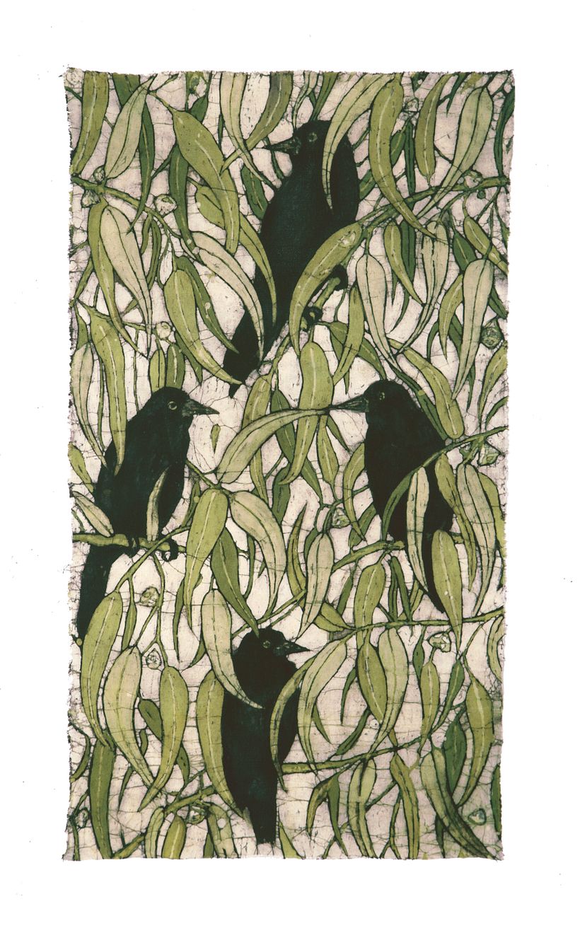 Tordos, batik por inmersión sobre algodón.