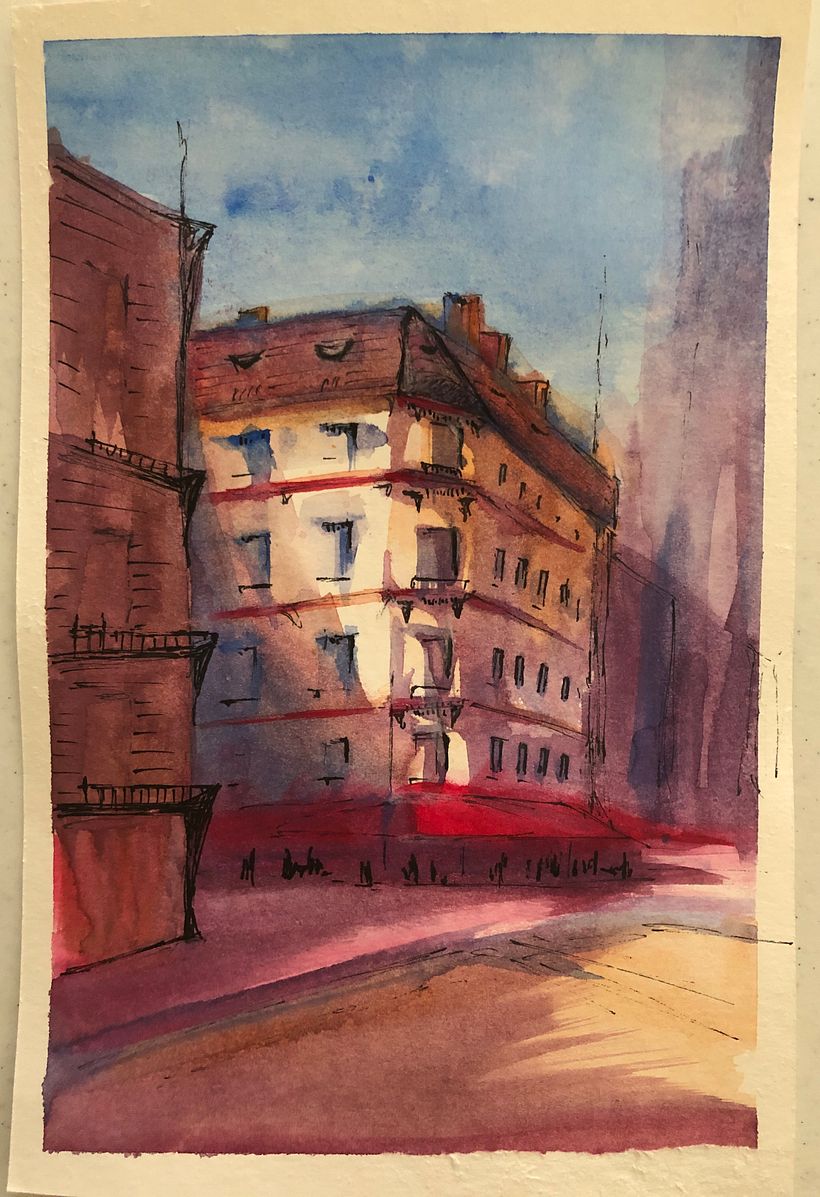 This is very first water color painting. I think I used the pen too much, but I'm really pleased with the light and colors.