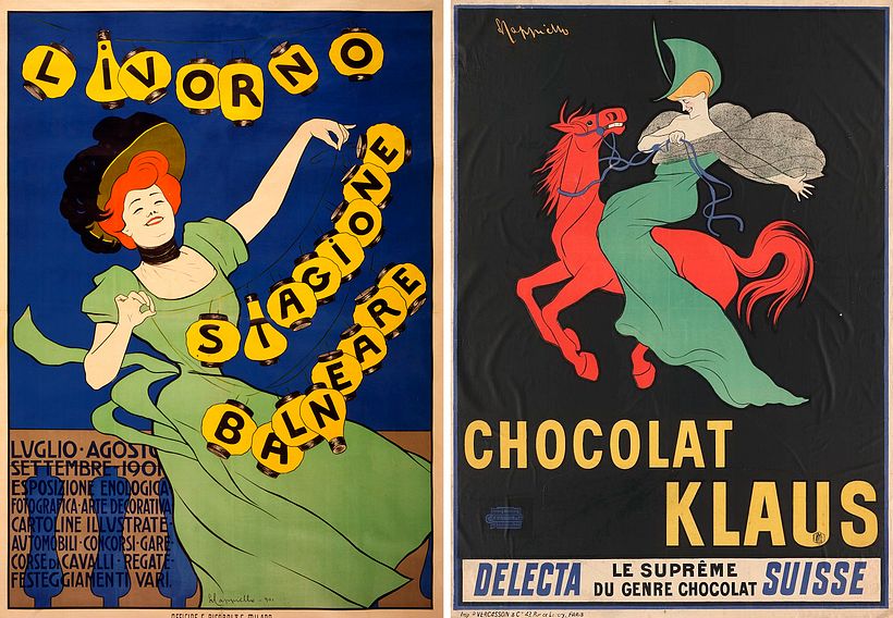 Cartazes "Stagione Balneare Livorno" e "Chocolate Klaus", de Leonetto Cappiello
