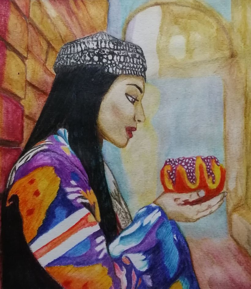 Mujer de la tribu Uzbeks. Práctica 3, lapiz acuarelable y acuarela tradicional. 