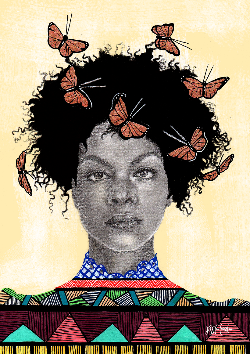 Ilustração feita a partir de referências com carvão, grafite e canetas Posca e finalizada digitalmente.