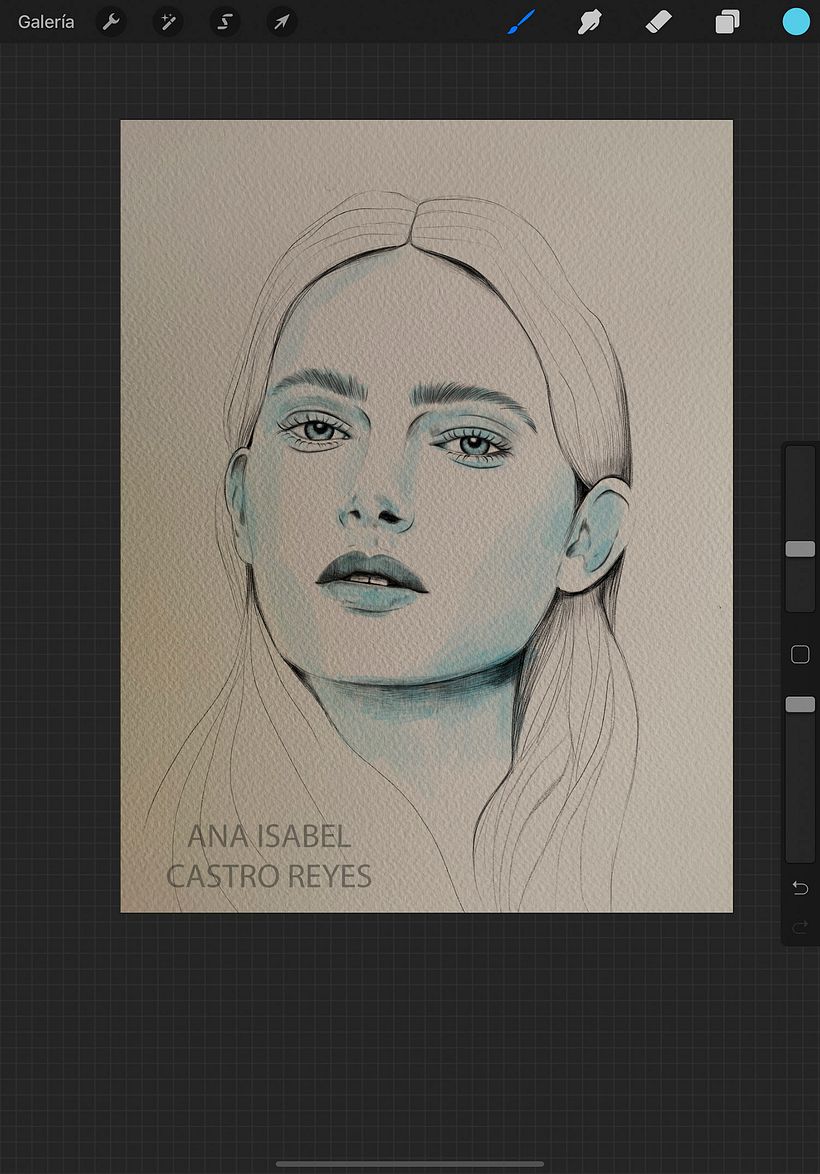 Comencé a añadir color con unas sombras azules utilizando la brocha acuarela de Procreate
