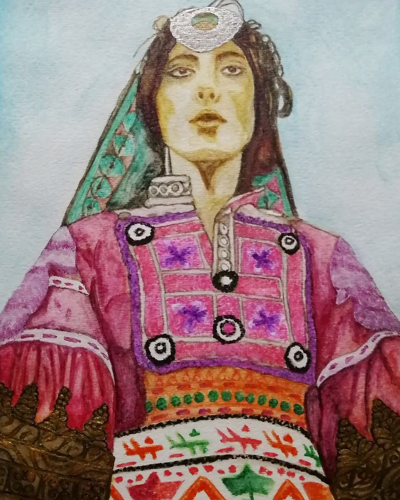 Mujer de la tribu pashtuns. Práctica 4. Lapiz acuarelable, acrilico dorado. 