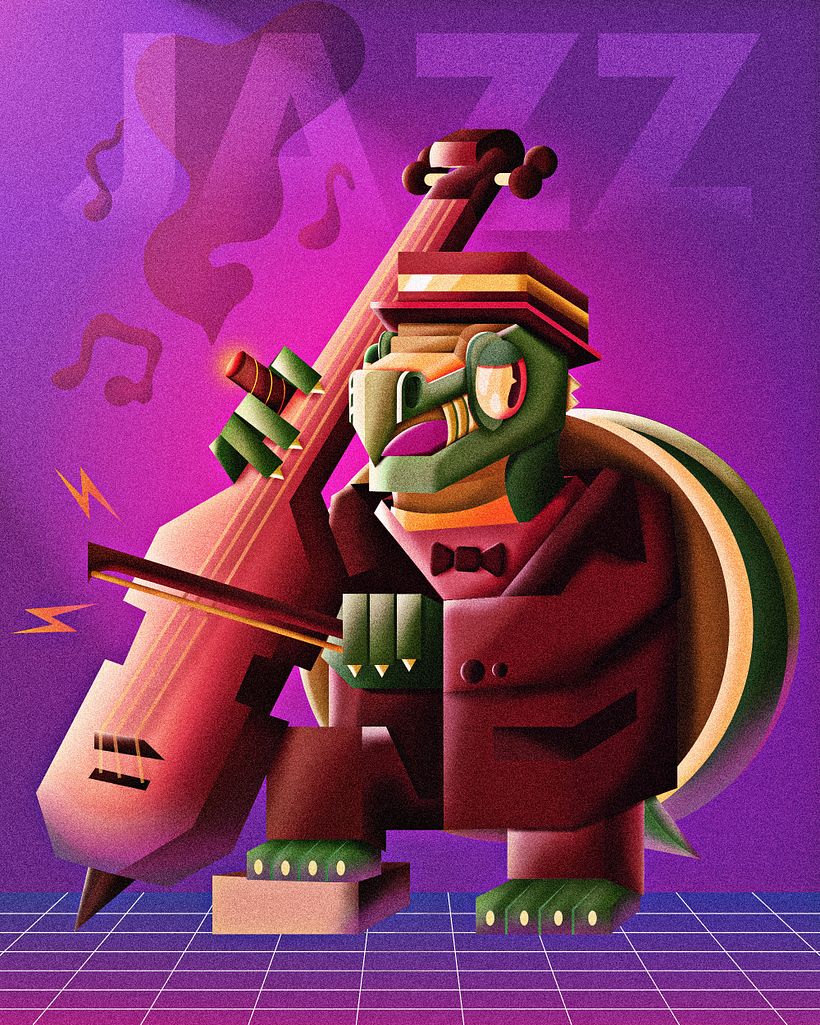 Mi Proyecto del curso: Ilustración geométrica con volumen, Tortuga tocando cello en una banda de jazz 0