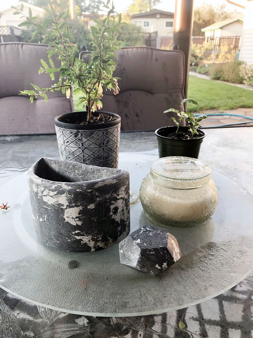Half Moon Planter and Diamond Decoration with Marble Concrete. Polished and Sealed with Metallic Silver Mixed in Sealant
