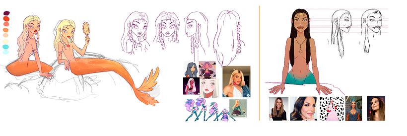 Estudo de poses, cores, referências e model sheets (apenas das vistas que eu usaria no projeto)