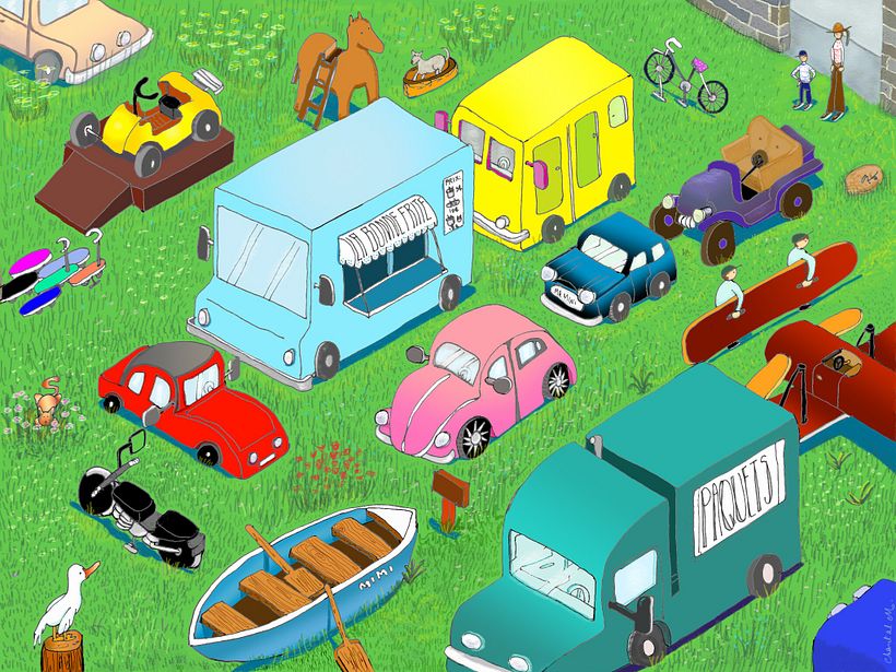 Transport. Drawn in paper and painted in Autodesk Sketchbook.(The car on the left and the plane on the right are red)