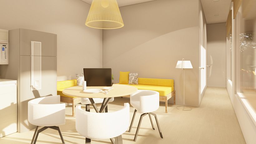Sala, comedor y cocina; vista hacia el pasillo del acceso al servicio sanitario y dormitorios.