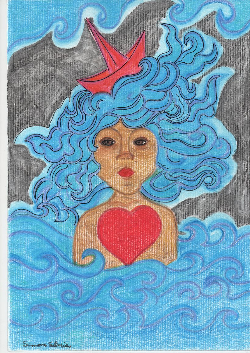 A Jornadeira - Mulher com cabelo de mar atravessa o oceano com coração grande e um barco na cabeça.