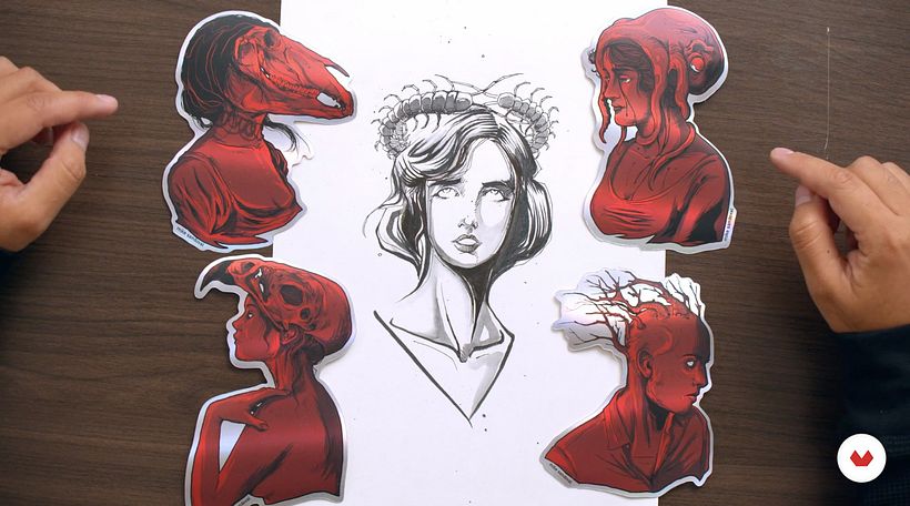 Stickers de vinil realizados a partir de una ilustração de Mike Sandoval