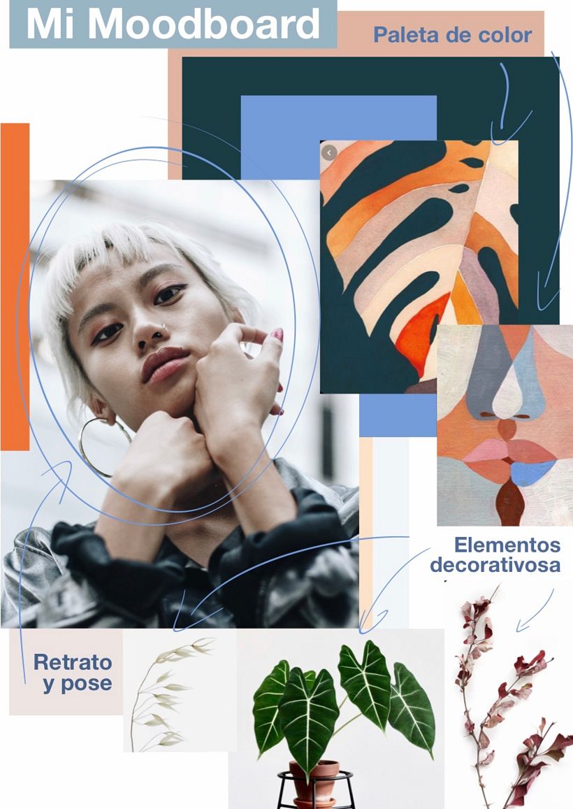 Este es mi moodboard, no utilicé todos los elementos y colores pero me han venido muy bien para combinarlos.