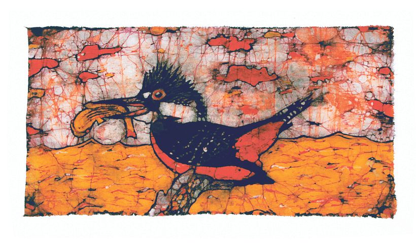 Martín Pescador, batik por inmersión sobre algodón.