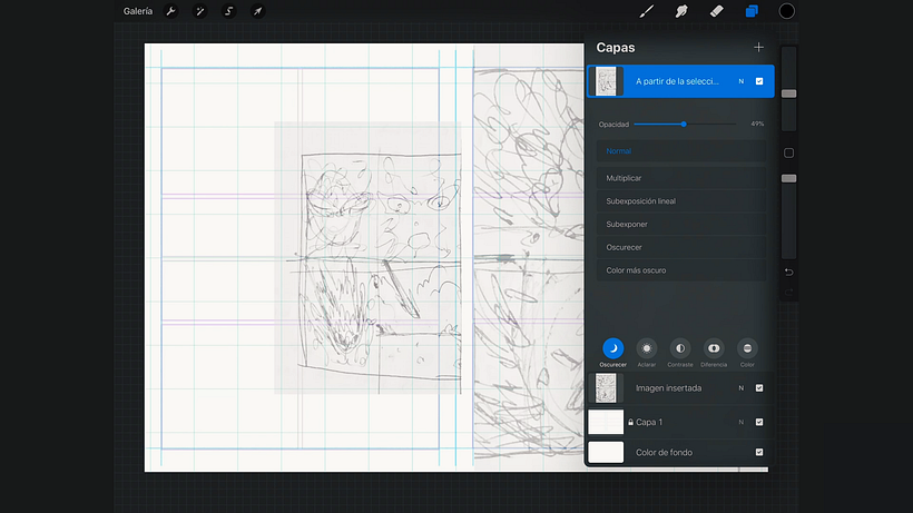 Adjust the layers to the size of the template and lower the opacity