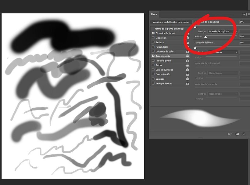 problema con la opcion de presion de la pluma en photoshop CC 2018 1