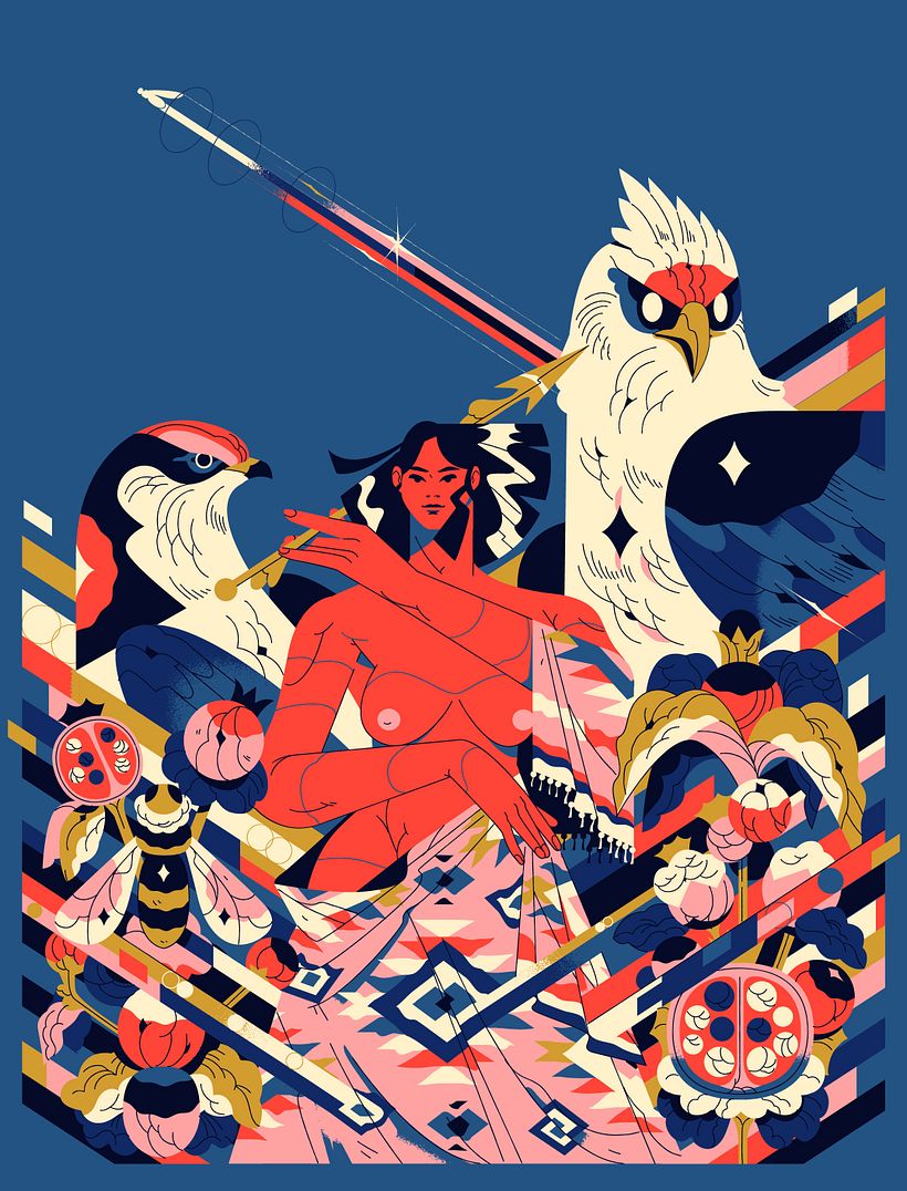 Ilustración inspirado en los textiles y en la gráfica de los videojuegos de la década de los 80's