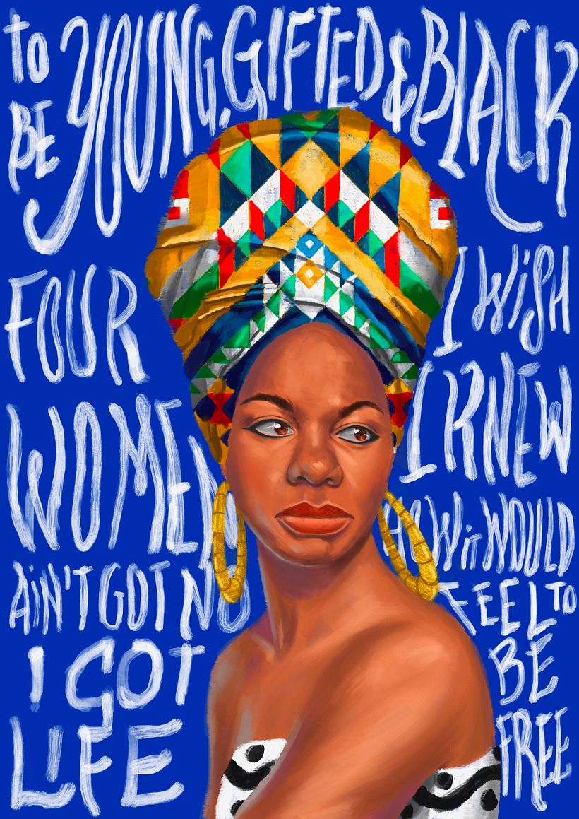 Me decanté por cubrir el fondo con títulos de algunas de sus canciones más icónicas, con una tipografía imperfecta y llamativ