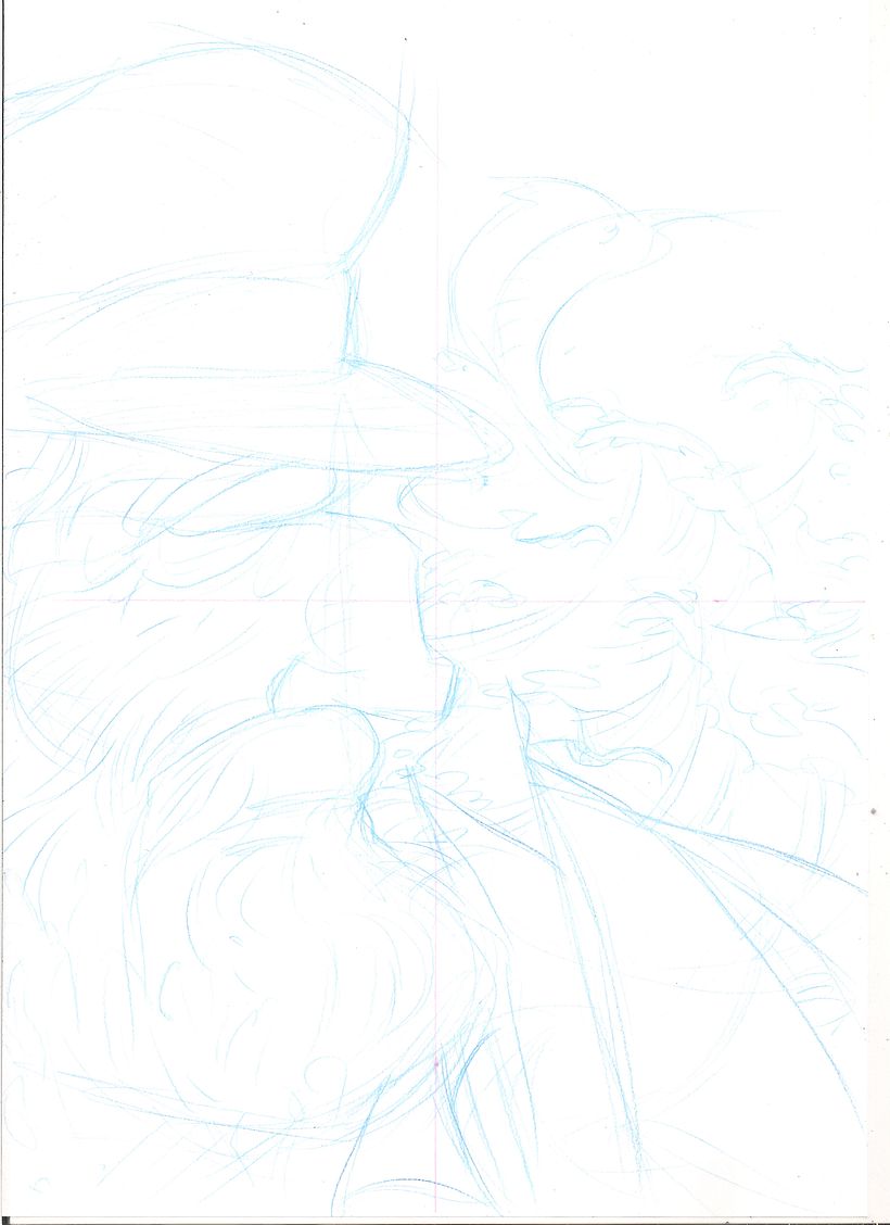 Boceto original con lápiz azul