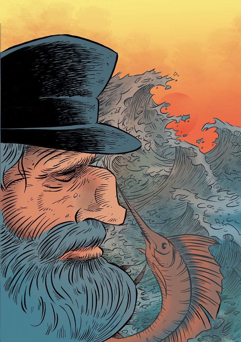 Tonos cálidos para el fondo y tonos fríos para el mar, barba y gorra. Trabajo de definición de contornos