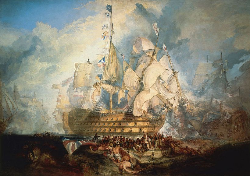 J.M.W. Turner, 'La Batalla de Trafalgar', 1822-1824. Se aprecian las banderas en el barco.
