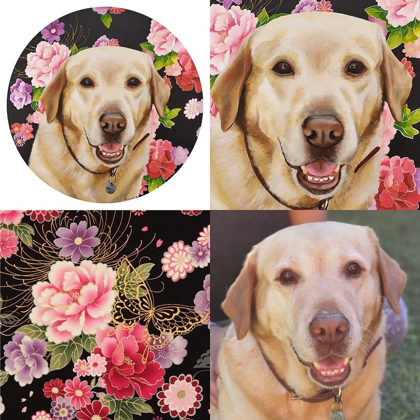 Para realizar el fondo de la obra se tomó como referencia la composición de flores de un diseño textil (kokka)