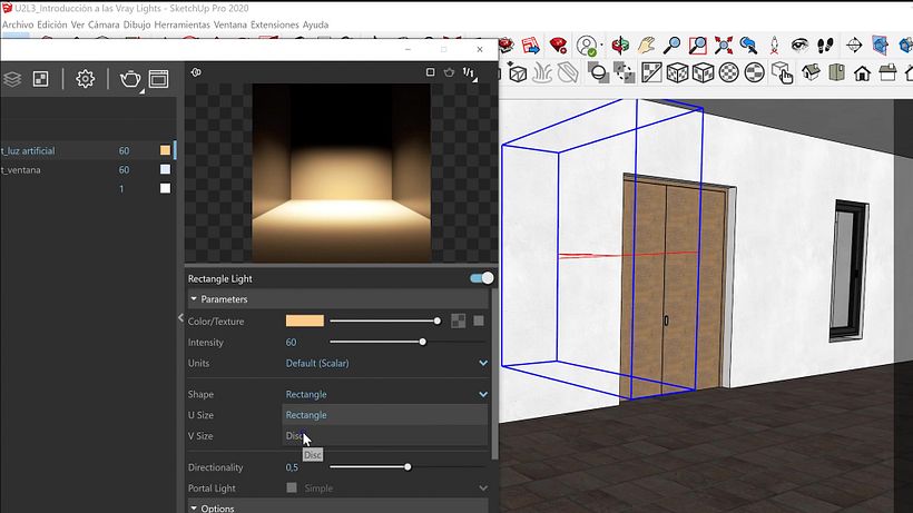Selecione Disc em Shape para mudar a forma da luz