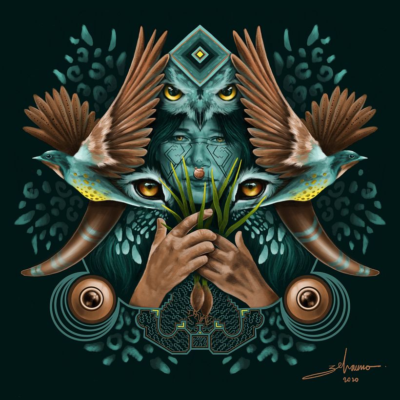 “PIRI PIRI 2” ilustración digital inspirada en la planta medicinal y visionaria PIRI PIRI usada por las culturas originarias.
