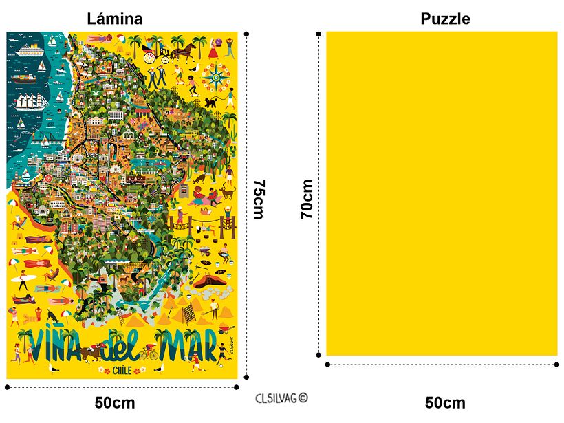 Lado izq.: Lámina tamaño 50x75cm. Lado der.: Puzzle tamaño 50x70cm.