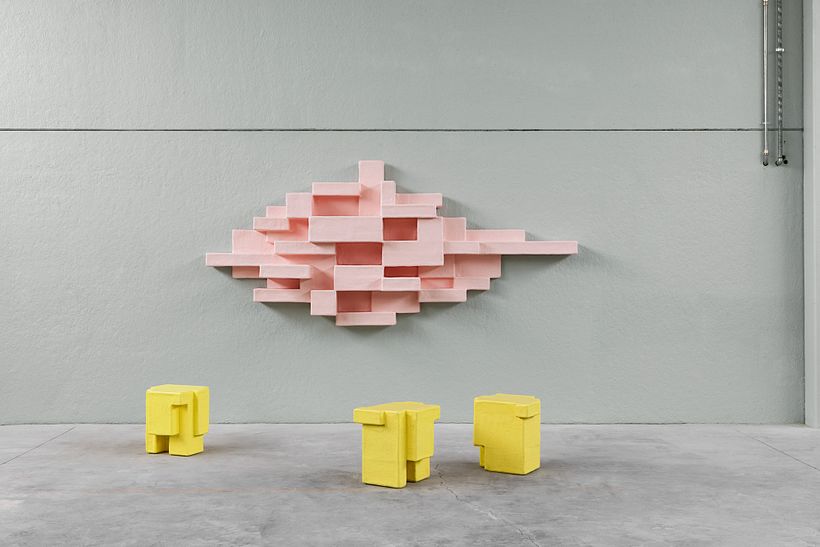 Studio Nucleo, Primitive Bookcase (H) and Stool, 2010 - 2020. © Studio Nucleo. Photo: PEPE Photografia