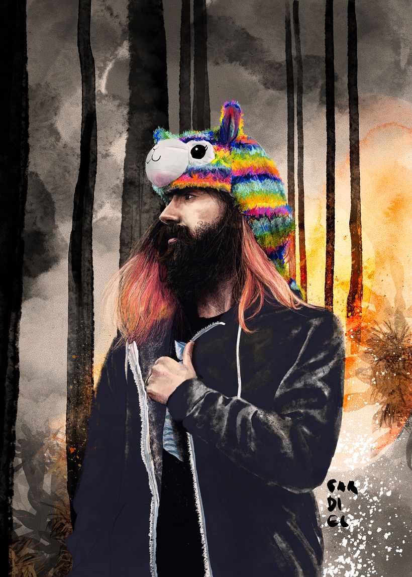 In the end I decided on a kind of misty forest playing with watercolor textures.